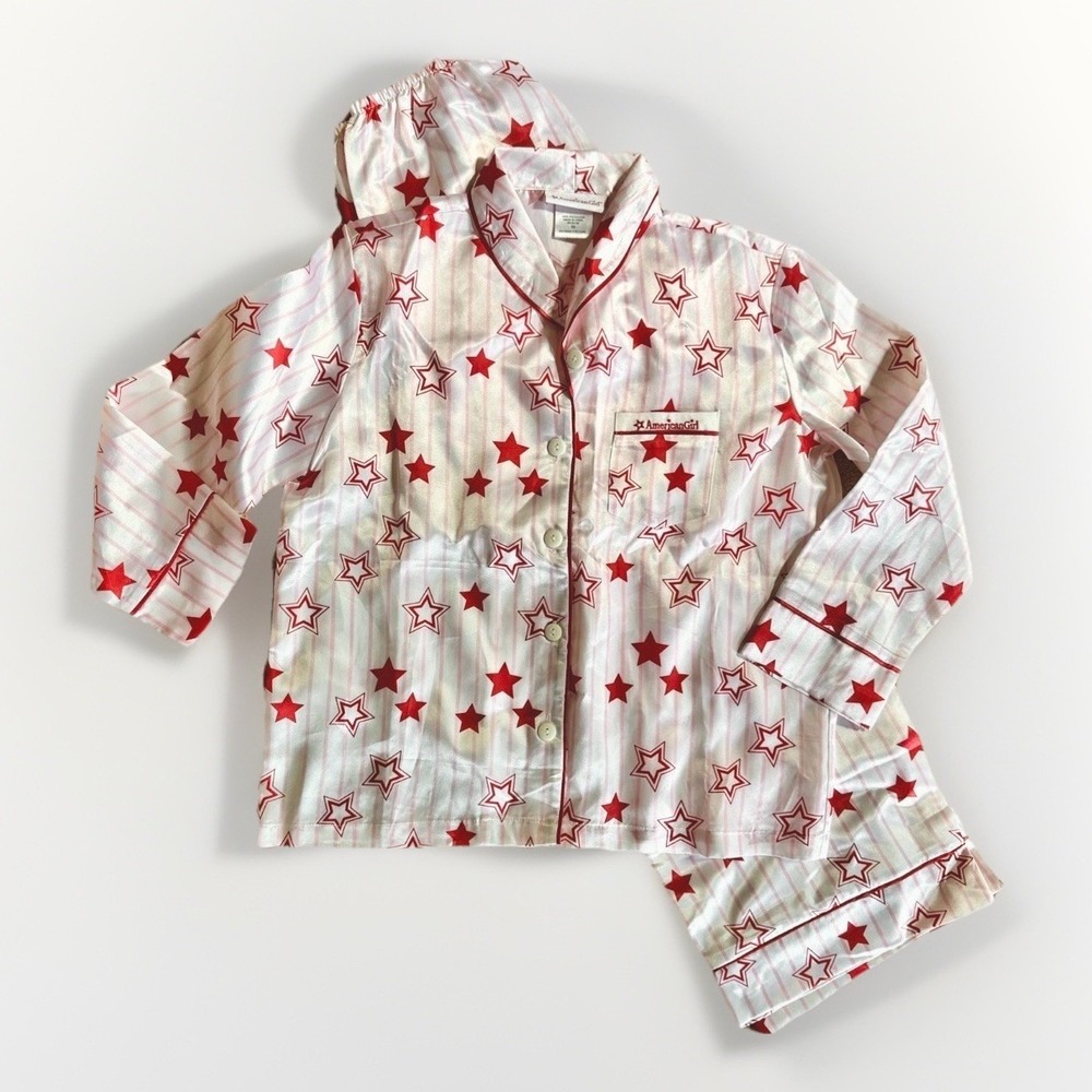 American Girl Child Satin PJ Set Girls Size M Red Stars Pink White Stripes